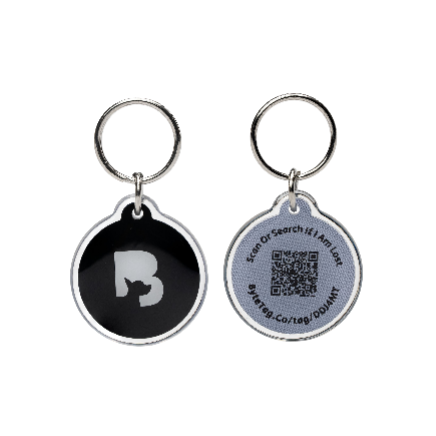 Front and back of ByteTag with dog silhouette